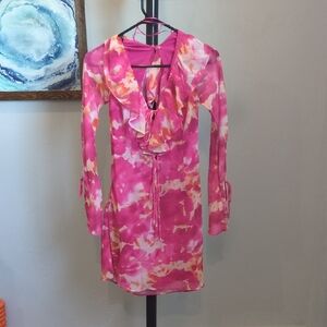 12th Tribe Sydney Hot Pink Long Sleeve Ruffle Dress Sz S